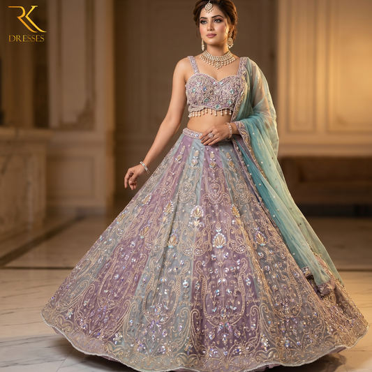 Dusty Lavender & Misty Blue Heavy Embroidered Designer Lehenga Choli Set with Dupatta