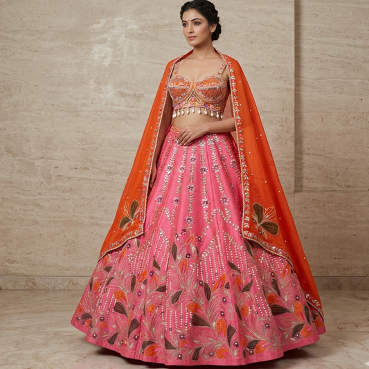 Fuchsia Pink and Orange designer Lehenga Set with Hand-Painted Dupatta