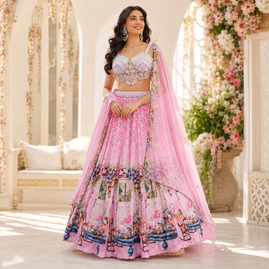 Pink Floral Printed Designer Lehenga with Sequin Embroidery & Net Dupatta
