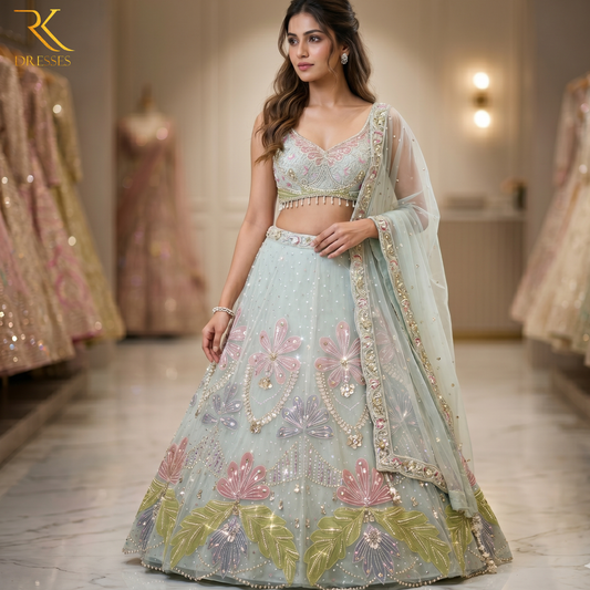 Luxury Ice Blue Butterfly Lehenga Set with Pearl, Sequins & 3D Hand Embroidered