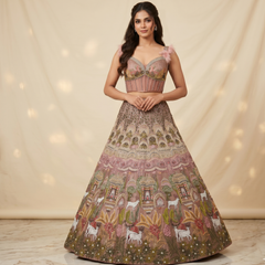 Premium Architectural Hand Embroidered Designer Lehenga Set with Corset Blouse & Dupatta