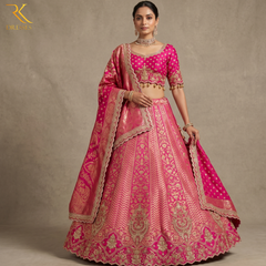 Royal Rani Pink Banarasi Bridal Lehenga Choli with Heavy Zari Embroidery & Designer Dupatta