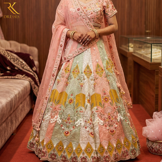 Premium Pastel Pink Multi-Panel Bridal Lehenga Set with Hand Embroidery, Shell Work & Pearl Detailing