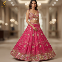 Hot Pink Bridal Lehenga Choli with Heavy Mirror Work, Pearl Tassels & Floral Sequin Embroidery