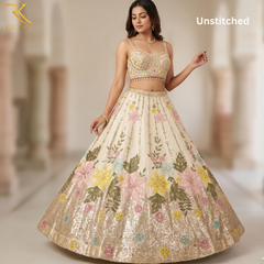 Ivory Premium Floral Embroidered Lehenga Choli with Sequin Work, Mirror Embellishments & Designer Corset Blouse