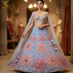 Misty Blue 3D Floral Lehenga Choli with Mirror Work, Sequins & Butterfly Sleeve Dupatta