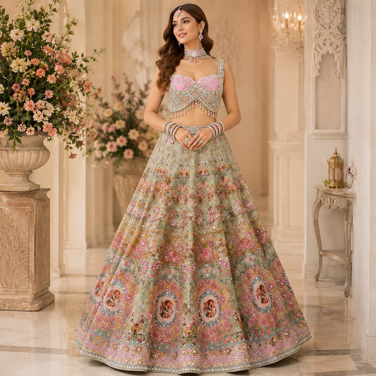 Celestial Blush Couture Designer Lehenga Set – Hand-Embellished Sequin Bridal Lehenga with Crystal Corset Blouse & Dupatta