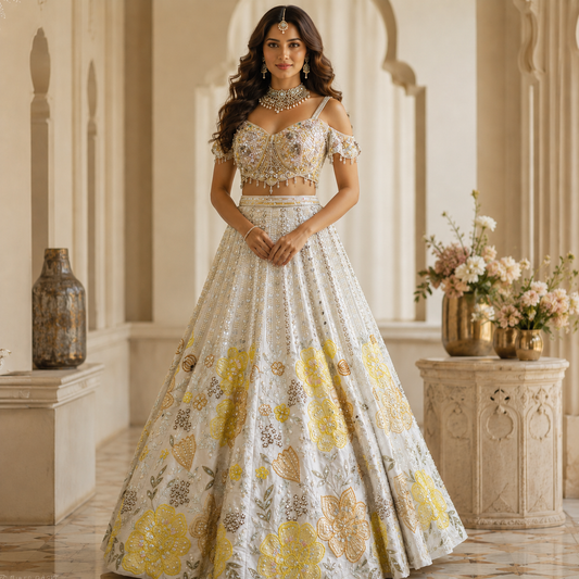 Handcrafted White Pearl & Sequin Embroidered Floral Lehenga Choli Set with Heavy Work Blouse