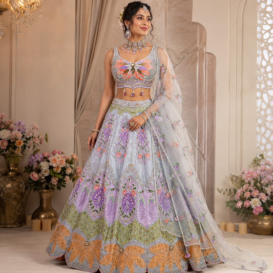 Pastel Grey Floral Hand-Embroidered Designer Lehenga Choli Set with Sequins, Pearl Work & Net Dupatta
