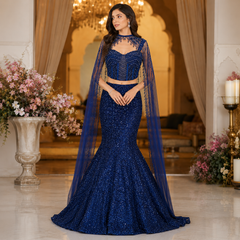 Navy Blue Sequin Embroidered Fish Cut Lehenga Choli with Cape Sleeves | Designer Mermaid Lehenga for Cocktail & Wedding