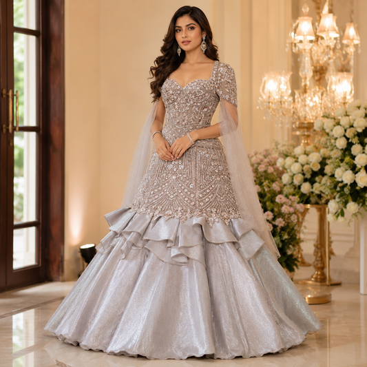 Champagne Silver Luxury Fishcut Lehenga Gown Set with Hand Embroidery, Sequins & Dramatic Ruffle Flare