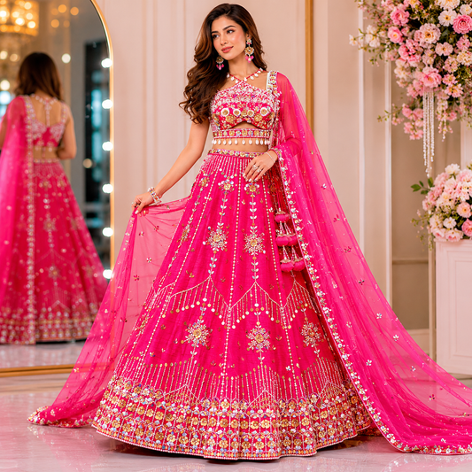 Hot Pink Luxury stylish designer lehenga set at best affordable price