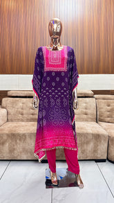 Elegant Purple and Pink Bandhani Kurta Set with Tassel Detailing