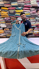 Teal Chikankari Angrakha Suit Set