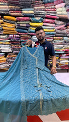 Teal Chikankari Angrakha Suit Set