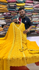 Sunshine Yellow Chikankari Angrakha Suit Set