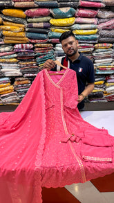 Radiant Pink Chikankari Angrakha Suit Set