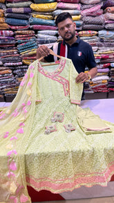 Lime Green Chikankari Angrakha Suit Set with Pink Accents