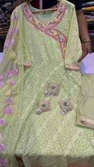 Lime Green Chikankari Angrakha Suit Set with Pink Accents