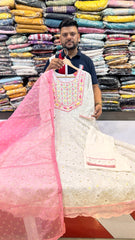 Ivory Chikankari Anarkali Suit Set with Pink Dupatta