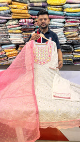 Ivory Chikankari Anarkali Suit Set with Pink Dupatta