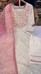 Ivory Chikankari Anarkali Suit Set with Pink Dupatta