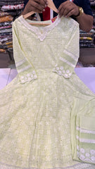 V-Neck Chikankari Anarkali Suit Set