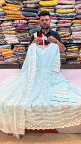 V-Neck Chikankari Anarkali Suit Set