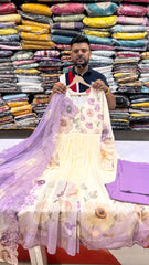 Ivory Floral Anarkali Suit Set with Purple Accents