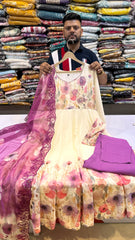 Ivory Floral Anarkali Suit Set with Purple Accents
