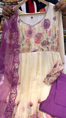 Ivory Floral Anarkali Suit Set with Purple Accents