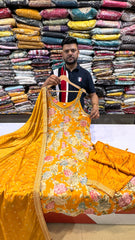 Golden Floral Anarkali Suit Set