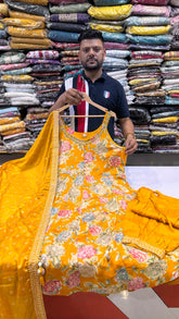 Golden Floral Anarkali Suit Set