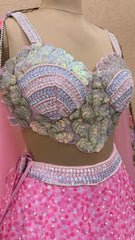 Pink Floral Printed Designer Lehenga with Sequin Embroidery & Net Dupatta