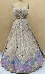 Dove Grey Pearl & Mirror Work Designer Lehenga Choli Set with Floral Embroidered Dupatta