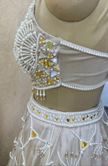 Dove Grey Pearl & Mirror Work Designer Lehenga Choli Set with Floral Embroidered Dupatta