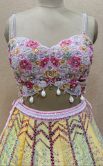 Luxury Multicolor Hand Embroidered Designer Lehenga Set with Pearl Corset Blouse
