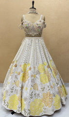 Handcrafted White Pearl & Sequin Embroidered Floral Lehenga Choli Set with Heavy Work Blouse