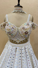 Handcrafted White Pearl & Sequin Embroidered Floral Lehenga Choli Set with Heavy Work Blouse