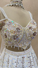 Handcrafted White Pearl & Sequin Embroidered Floral Lehenga Choli Set with Heavy Work Blouse