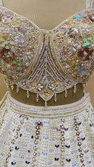Handcrafted White Pearl & Sequin Embroidered Floral Lehenga Choli Set with Heavy Work Blouse