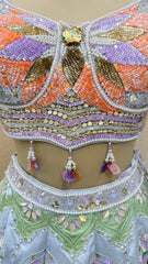 Pastel Grey Floral Hand-Embroidered Designer Lehenga Choli Set with Sequins, Pearl Work & Net Dupatta