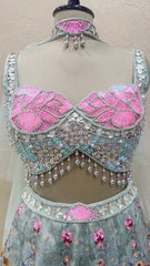 Celestial Blush Couture Designer Lehenga Set – Hand-Embellished Sequin Bridal Lehenga with Crystal Corset Blouse & Dupatta