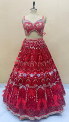 PDP Inspired Luxury Red Hand Embroidered Designer Lehenga Set with Crystal Work & Ruffle Organza Dupatta