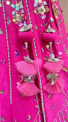 Hot Pink Bridal Lehenga Choli with Heavy Mirror Work, Pearl Tassels & Floral Sequin Embroidery