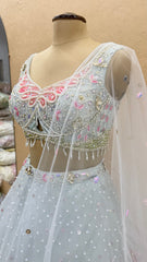 Luxury Ice Blue Butterfly Lehenga Set with Pearl, Sequins & 3D Hand Embroidered