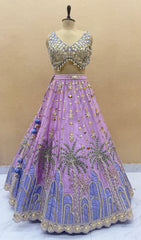 Lavender Hand-Made Designer Lehenga Set with Heavy Pearl & Coin Work Blouse & Organza Dupatta