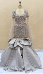 Champagne Silver Luxury Fishcut Lehenga Gown Set with Hand Embroidery, Sequins & Dramatic Ruffle Flare