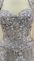 Champagne Silver Luxury Fishcut Lehenga Gown Set with Hand Embroidery, Sequins & Dramatic Ruffle Flare