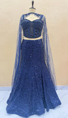 Navy Blue Sequin Embroidered Fish Cut Lehenga Choli with Cape Sleeves | Designer Mermaid Lehenga for Cocktail & Wedding